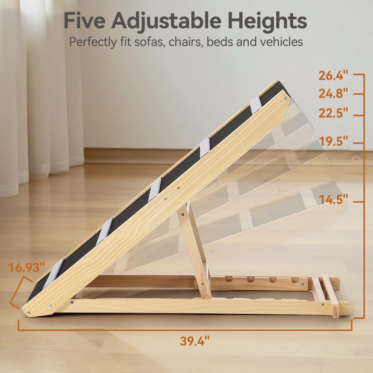 PawGiant Portable Dog Ramp for Bed, 39.4" L x 16.9" W Extra Wide Wooden Pet Ramp for Large Small Dogs, 5 Adjustable Heights from 14.5" to 26.3", Foldable Dog Ramp for Car Couch, Hold Up to 200LBS