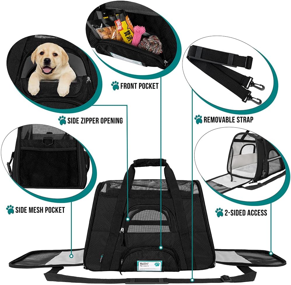 PetAmi Airline Approved Pet Carrier for Cat, Soft Sided Dog Carrier for Small Dogs, Cat Travel Supplies Accessories for Indoor Cats, Ventilated Pet Carrying Bag Medium Large Kitten Puppy, Small Black
