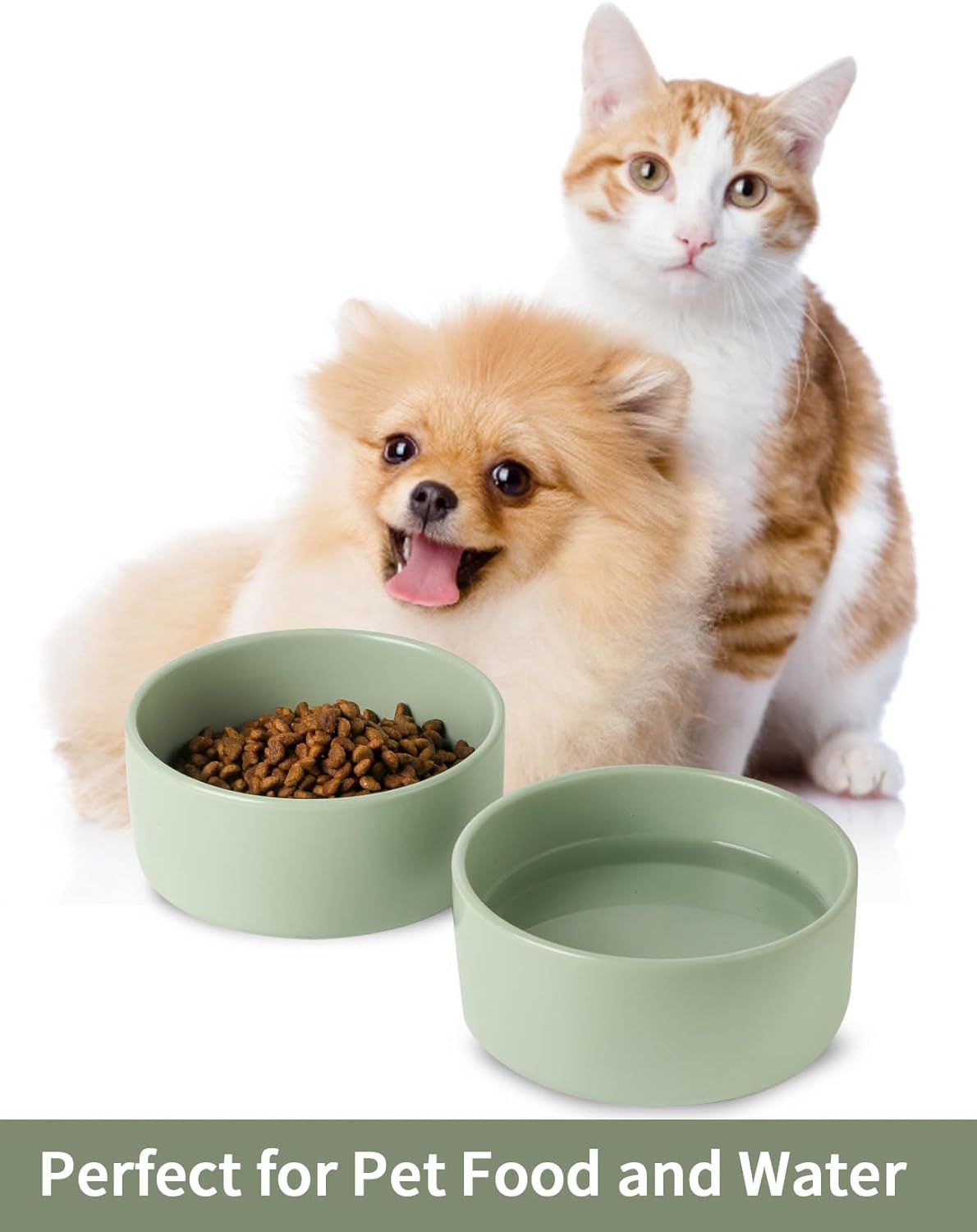 UBEE Ceramic Dog Bowl Set of 2, 5.1 inch Dog Dish Cat Food Bowl for Small Dogs and Large Cat, Pet Food Water Dish Feeding, Sage Green