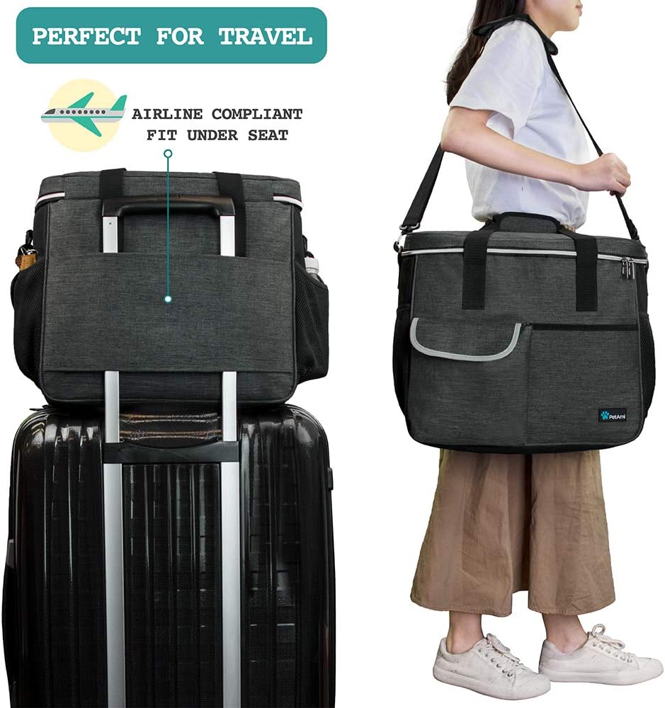 PetAmi Dog Travel Bag - Organizer with Food Container and Bowls, Supplies for Weekend Camping, Cat Diaper Bag (Charcoal, Large)