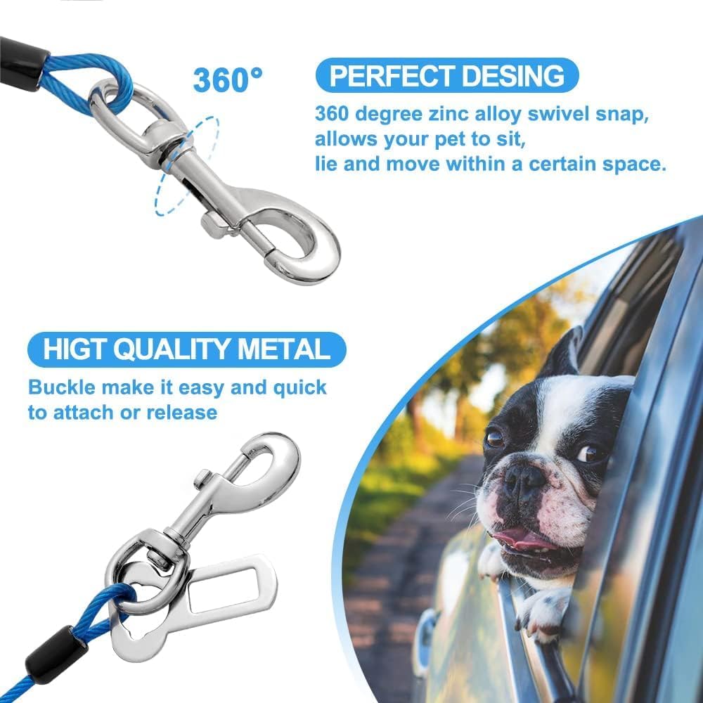 Dog Seat Belt Harness for Car,Dog Seatbelt of Coated Wire Leash Safety Restraint,No Chew Tether Cable Vehicle,Double Clips & Latch(Blue, 16 inch/40 CM)