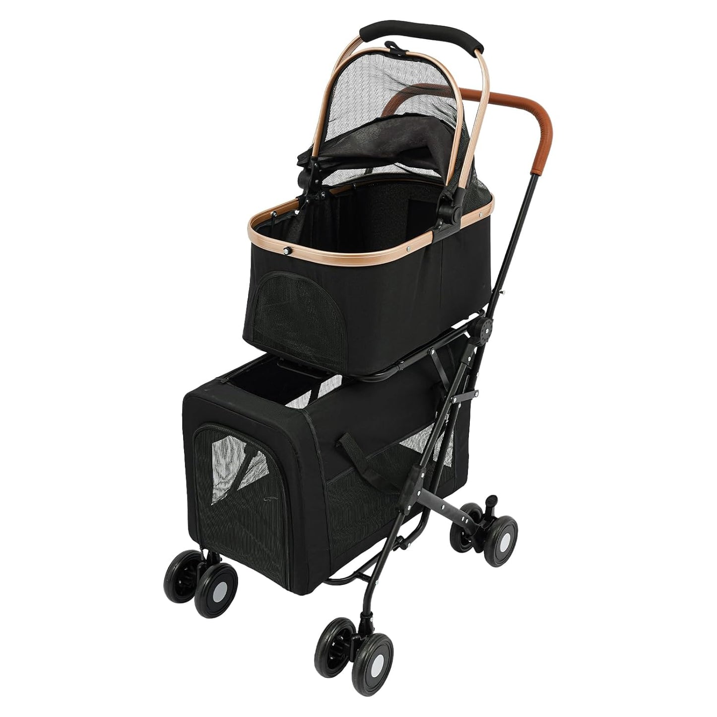 2-Layers Pet Stroller for 2 Cats/Dogs,Foldable Lightweight 77lbs Capacity Carrier, 4 Wheels, Removable Basket & Storage Pocket,for Small Pets (Black)