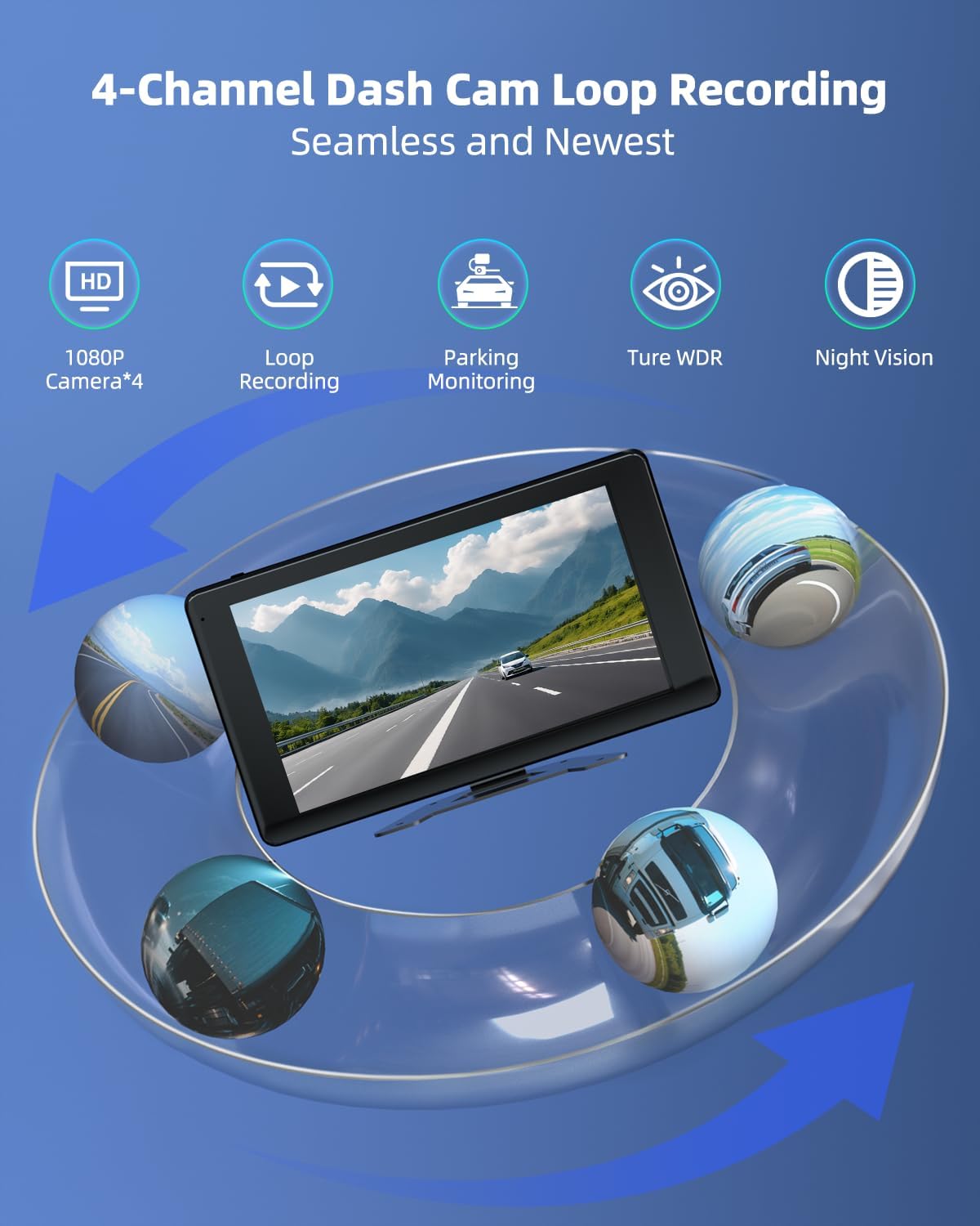 4 Channel 1080p HD Backup Camera System with 10.2" Touchscreen Monitor, DVR Recording/Playback, Bluetooth, FM Radio & Media Player for Trucks, Semis, RVs, Trailers, Vans, SUVs, Cars