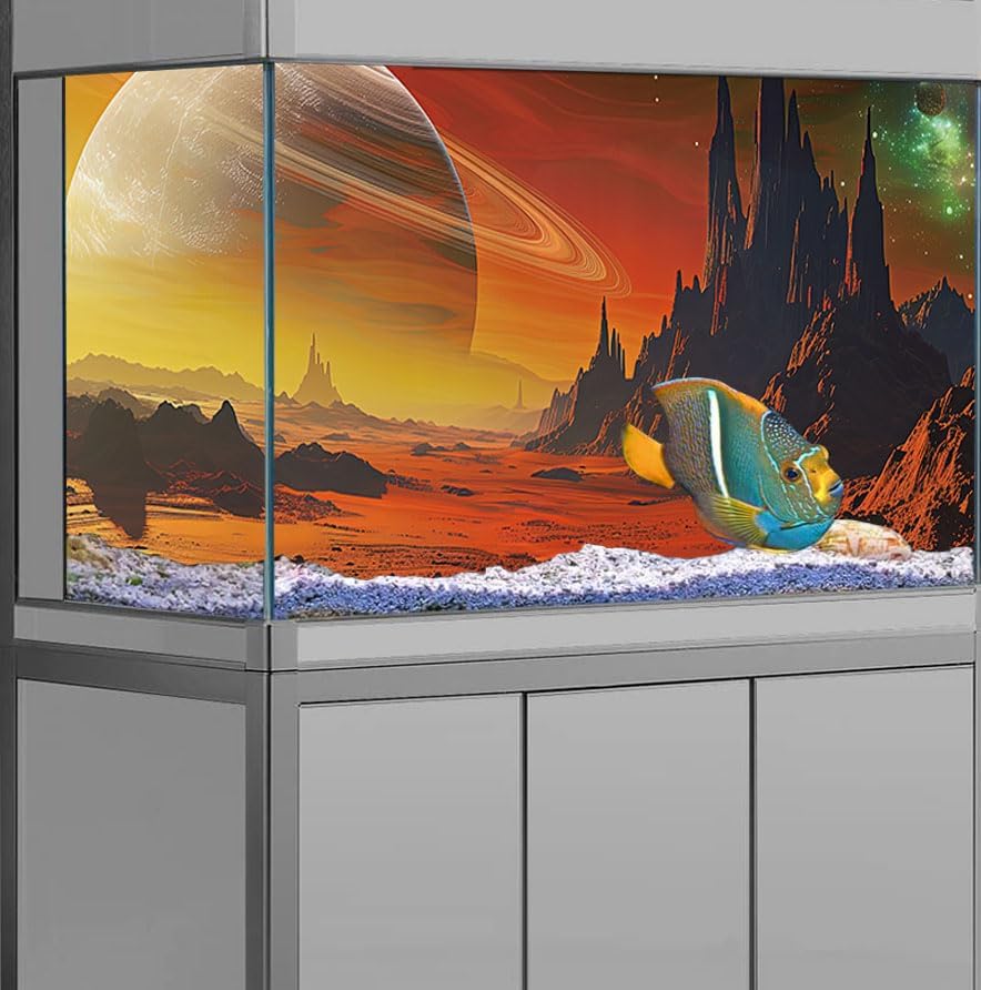 Cosmic Mars Aquarium Background,Galaxy Cool Parallel Space Themed Fish Tank Background, Tropical Desert Terrarium Background 48X18IN with 8 EVA Double-Sided Tape