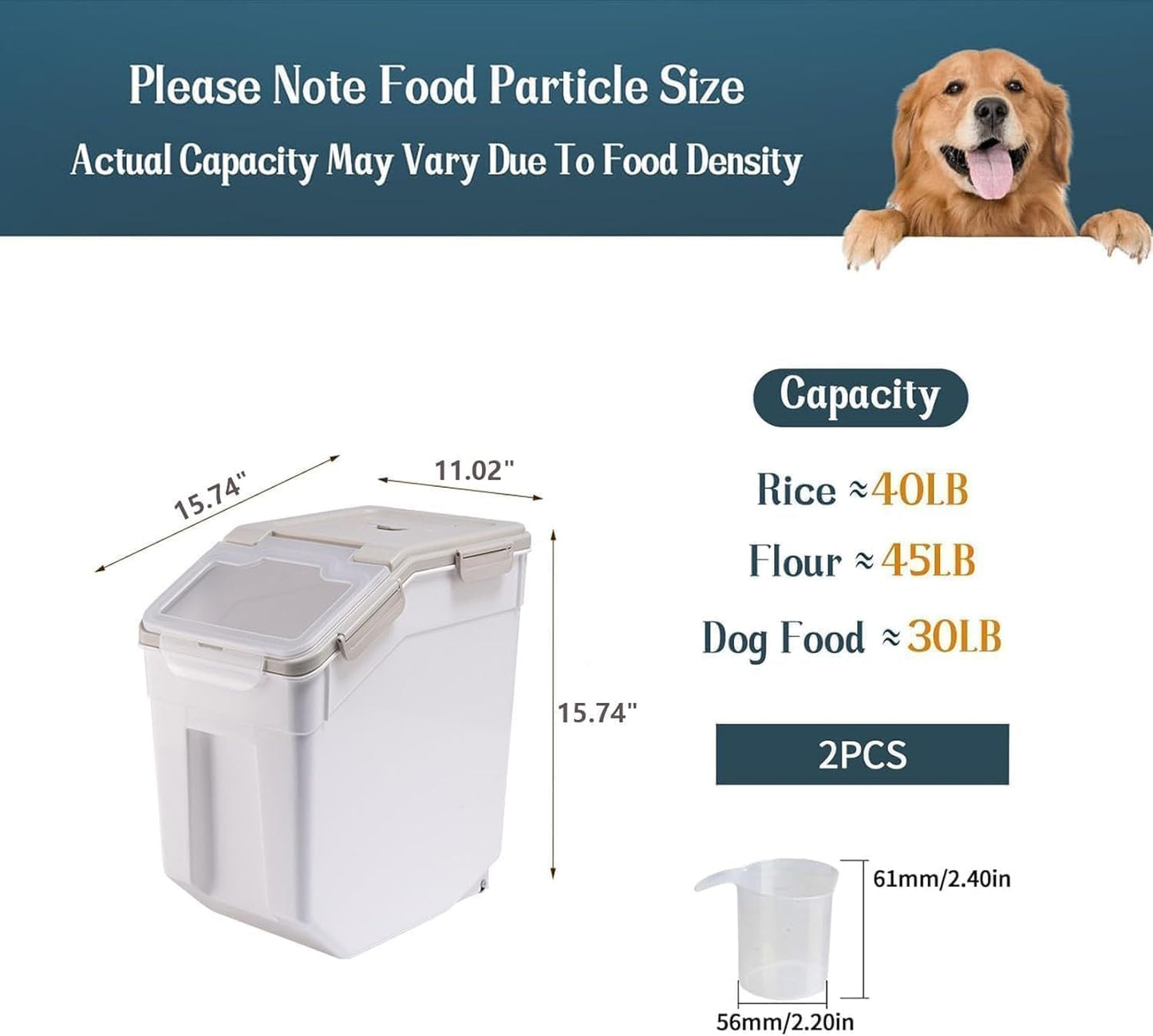 AnRui Rice Storage Container 50LB, Airtight Flour Storage Containers, Plastic Cereal Grain Dispenser Organizer Pet Food Storage Bin with Lid, Measuring Cup, Scoop, Gray, 2Pcs(Total Capacity:100LBS)