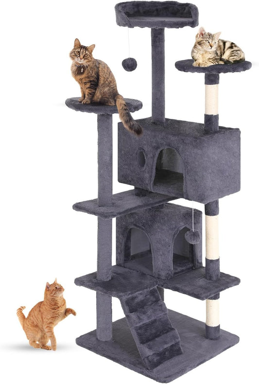 FDW Cat Tree 54in Cat Tower Multi-Level Durable Cat Scratching Post & Cozy Fun Cat Jumping Platform Space Saving Cat Condo Pet Play House for Indoor Cats,Ashy