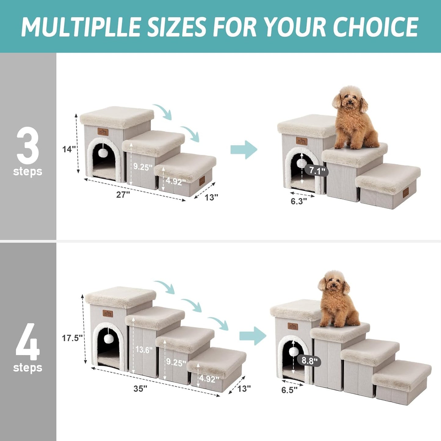 Dog Stairs for Small Dogs with Storage and Condo, 14" H Foldable Pet Stairs for Small Medium or Puppy Dogs and Older Cats, Dog Steps for Bed or Couch, 13x27x14 inch, 3 Tiers, Beige