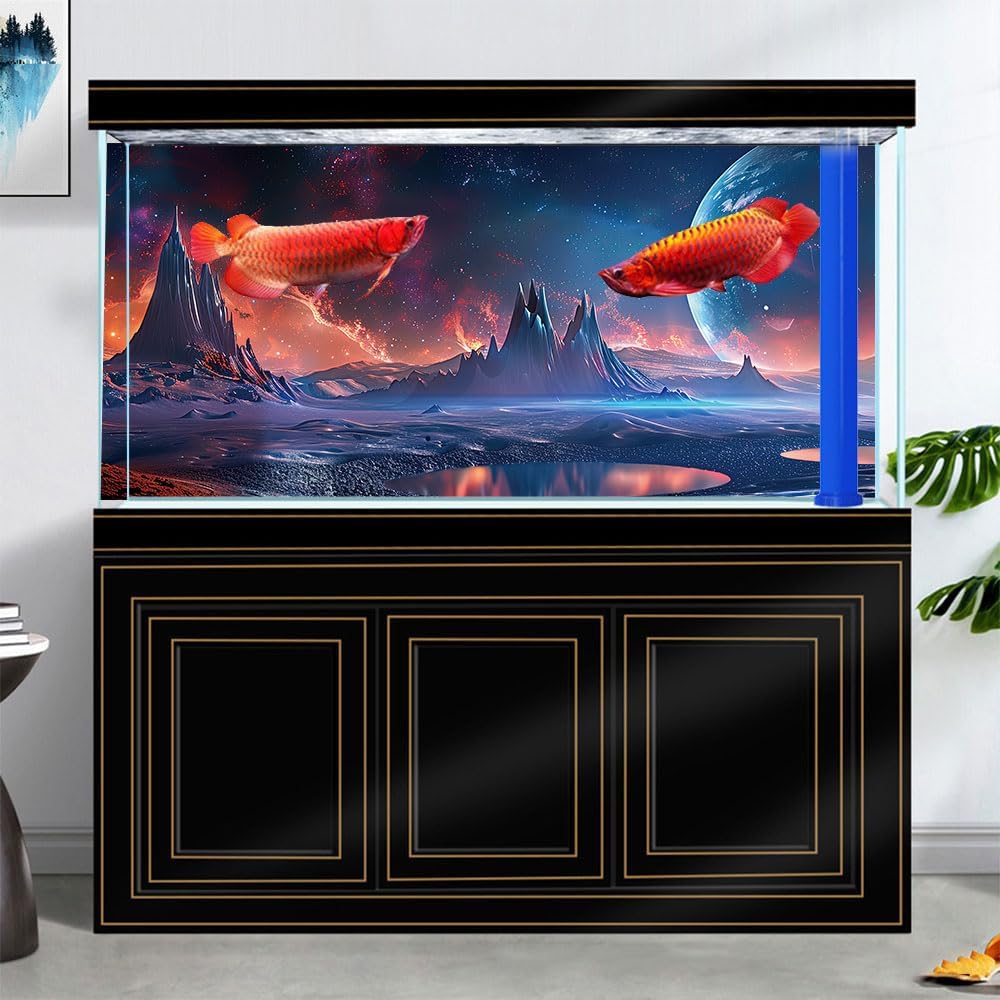 Scarlet Cosmic Aquarium Background,Cool Galaxy Parallel Space Themed Fish Tank Background, Tropical Desert Terrarium Background 72X18IN with 8 EVA Double-Sided Tape