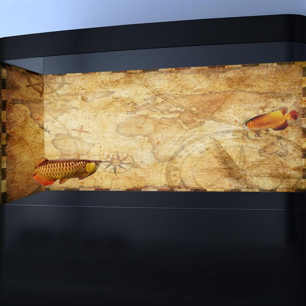 48X24IN Retro Old Travel World Map Terrarium Background, Art Parchment Pirate Treasure Map Reptile Habitat Background with 10EVA Double-Sided Tape