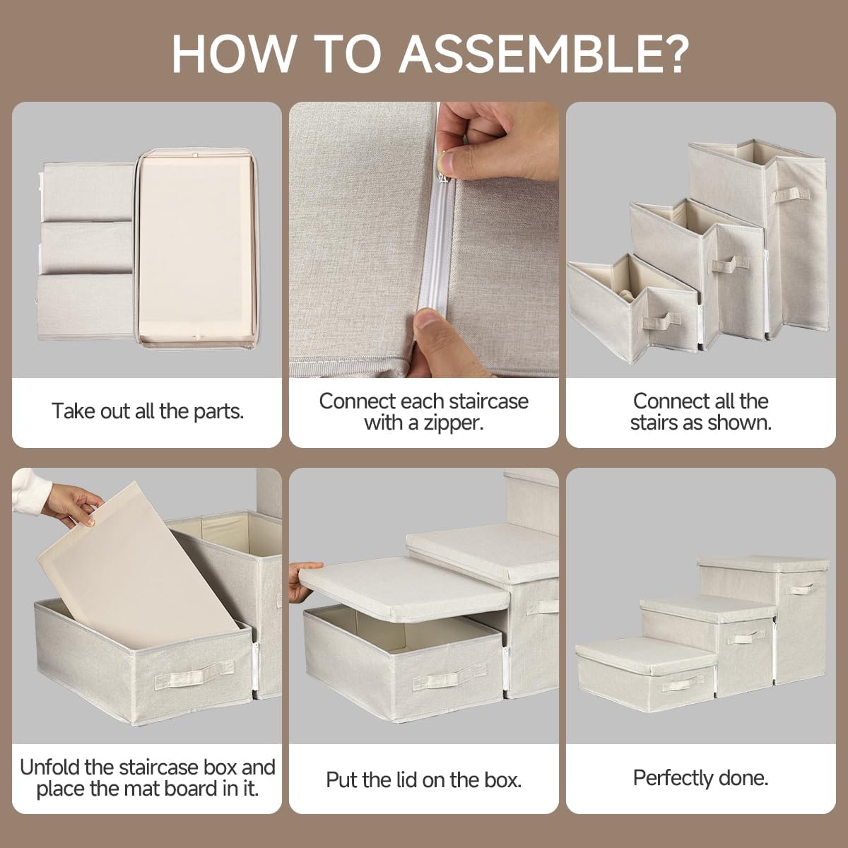 Pet Stairs with Storage, Pet Step for Small Dogs and Cats, 3-Step Folding Pet Steps with Zip, Cat Stairs Dog Steps for Bed, Couch and Car Ramp (Beige, 3 Steps no Condo)