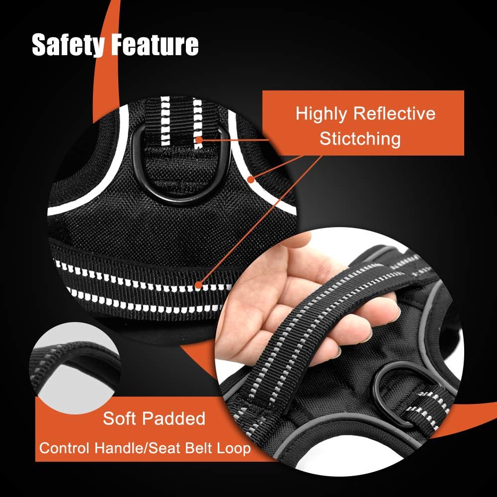PHOEPET Reflective Dog Harness No Pull Large Breed Vest with 2 Metal Leash Attachment Hooks(XL, Black)