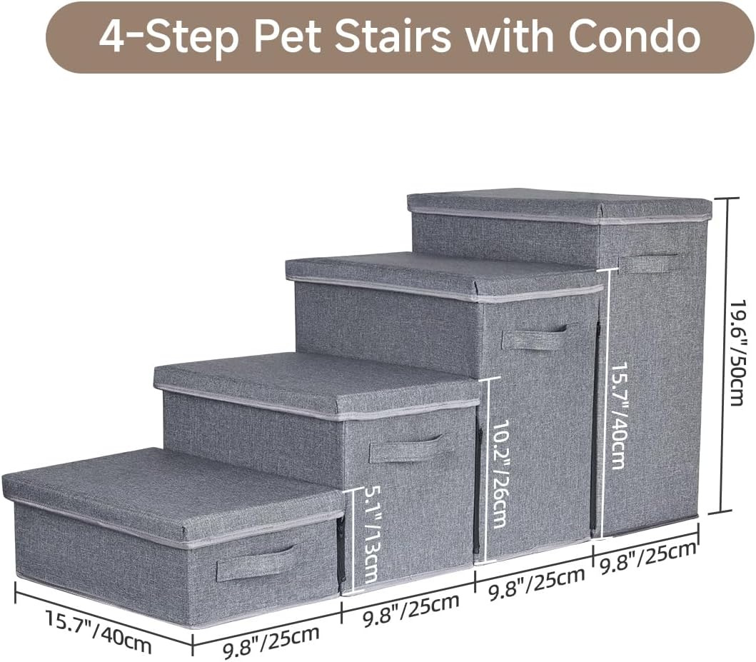 Dog Stairs with Storage, 4-Step Folding Pet Steps for Small Dogs and Cats, Pet Steps Storage with Zip, Pet Stairs for High Bed, Couch and Car Ramp (Gray, 4 Steps no Condo)