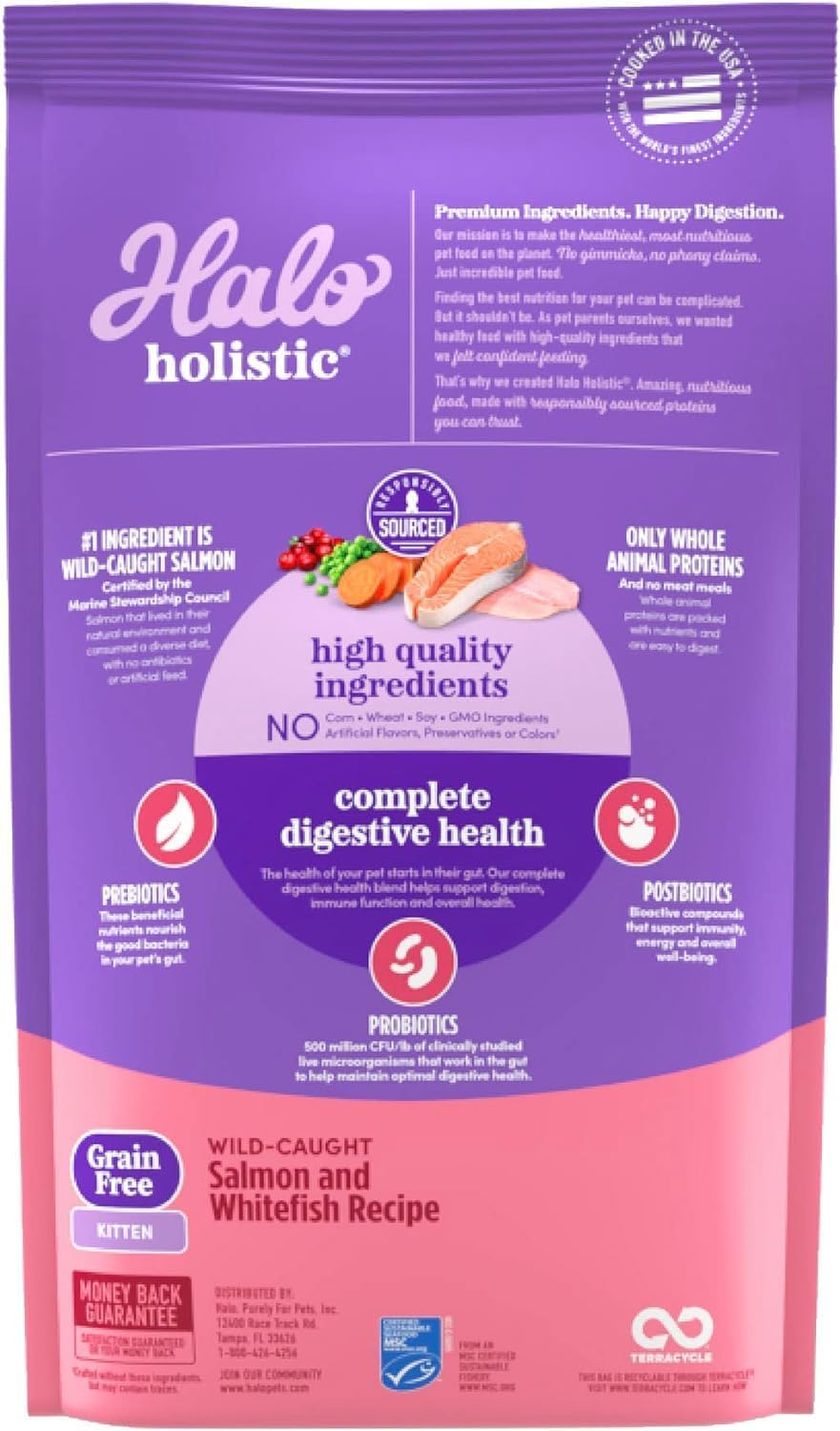 Halo Holistic Kitten Food, Wild Caught Salmon & Whitefish Recipe, Grain Free Dry Cat Food, Complete Digestive Health, 6 lb Bag