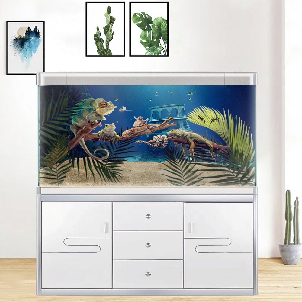 48X18IN Natural Underwater Aquarium Background, Pictures 3D Fish Reef Fish Tank Decoration Background, with 8 EVA Double-Sided Tape
