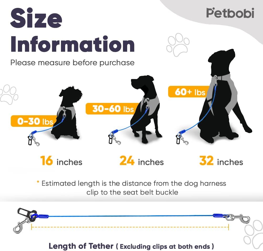 Petbobi Dog Seat Belt for Car - 2 Pack Chew Proof Durable Dog Seatbelt Tether for Small Medium Large Pets - Metal Vehicle Harness Restraint with Double Clips and Latch - Car Leash for Safety Travel