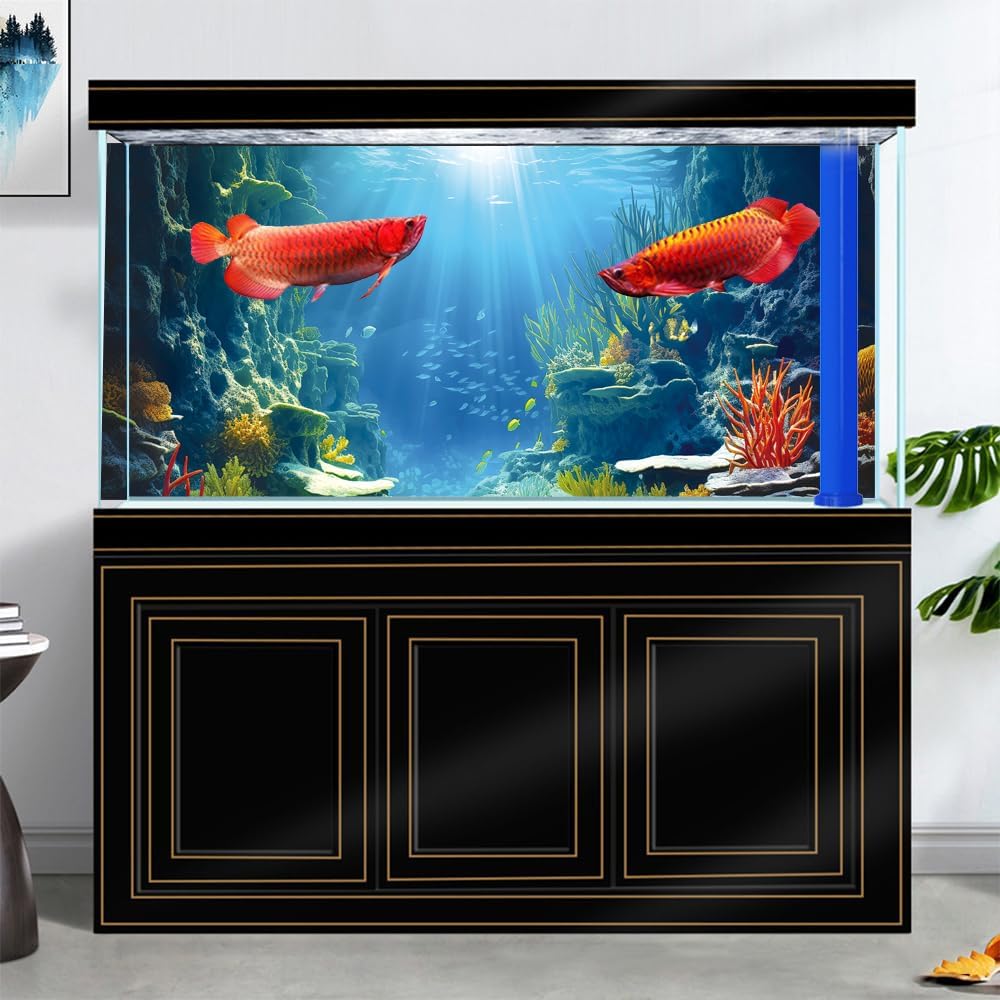 48X24IN Blue Sea Floor Aquarium Background, Natural Underwater World 3D Effect Fish Tank Decorations Background, Art Terrarium Background with 8 EVA Double-Sided Tape