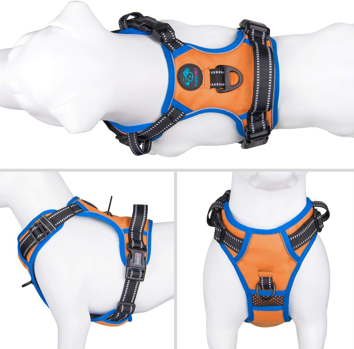 PHOEPET 2019 No Pull Dog Harnesses for Small Dogs Reflective Adjustable Front Clip Vest with Handle 2 Metal Rings 3 Buckles [Easy to Put on & Take Off](S, Orange)