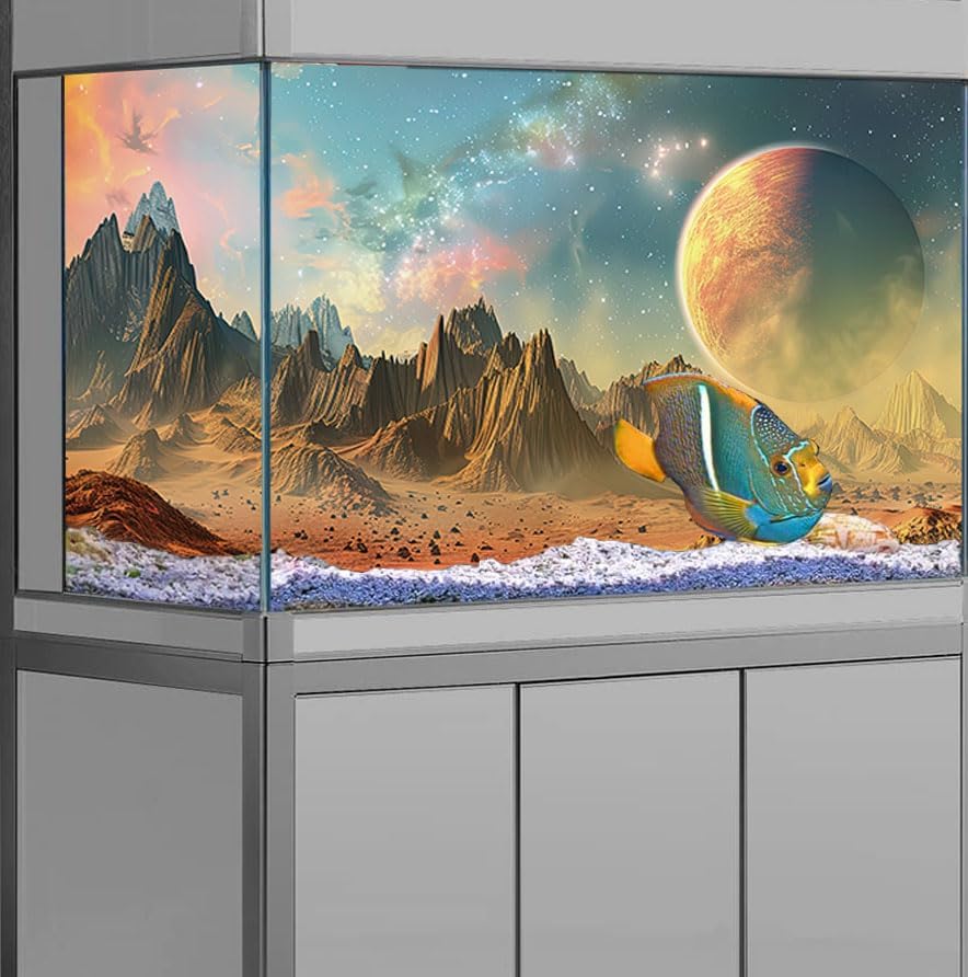 Cosmic Aquarium Background,Cool Galaxy Parallel Space Themed Fish Tank Background, Tropical Desert Terrarium Background 48X18IN with 8 EVA Double-Sided Tape