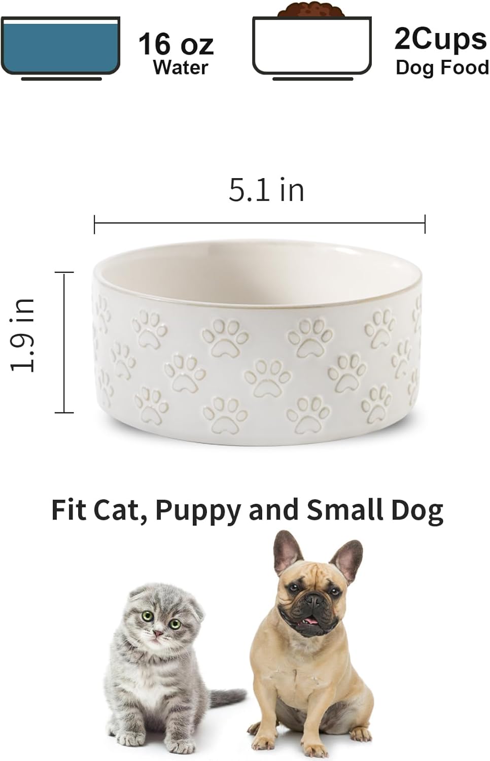 UBEE Ceramic Dog Bowl Set of 2, 5.1 inch Dog Dish Food Bowl with Paw Pattern, Pet Food Water Dish Feeding for Small Dogs and Large Cat, White