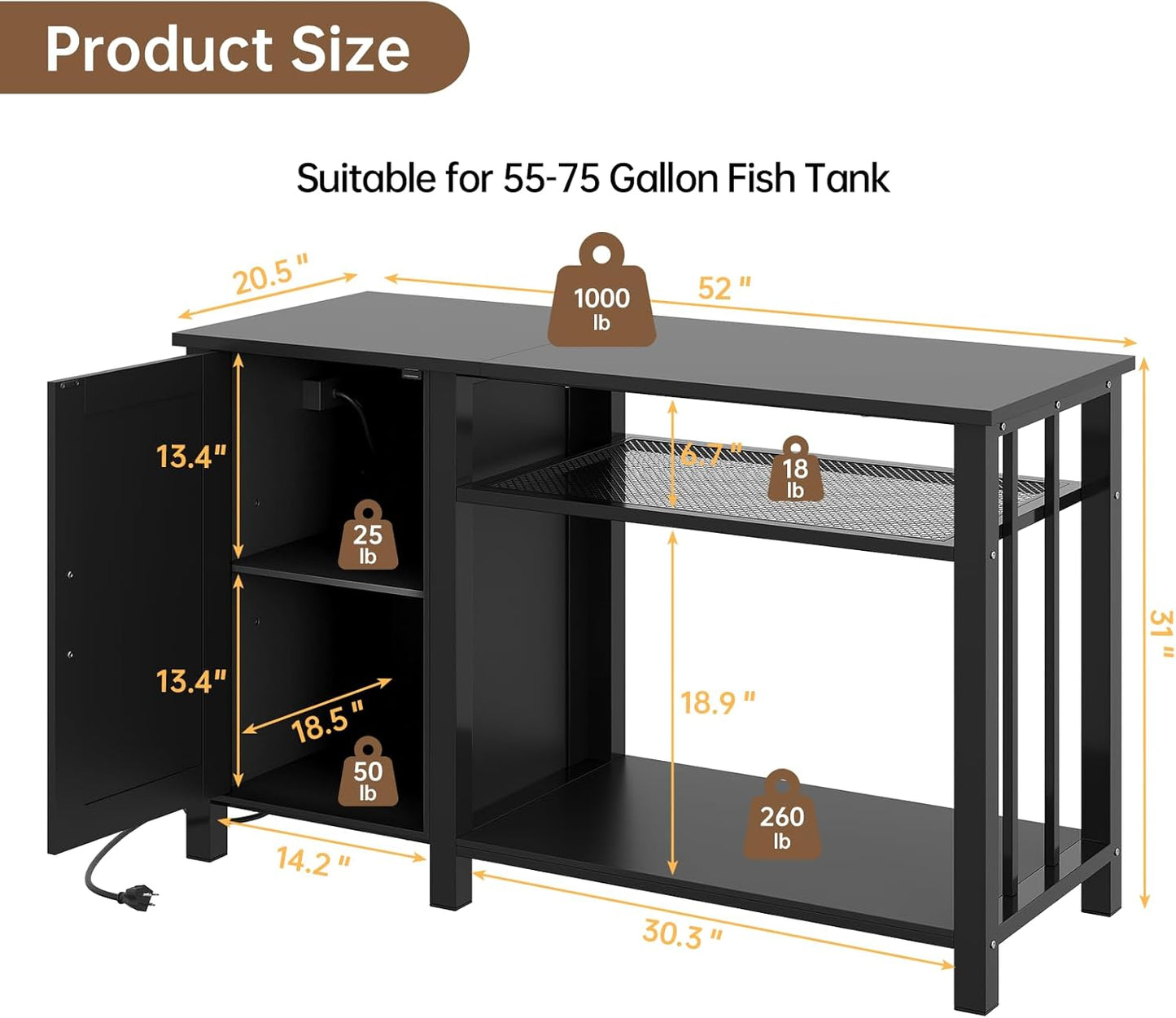 55-75 Gallon Fish Tank Stand with Power Outlet & Adjustable Shelf, Heavy Duty Aquarium Stand with Cabinet Storage for Fish Tank, Turtle Tank, Reptile Terrarium, 1000LBS Capacity, Black