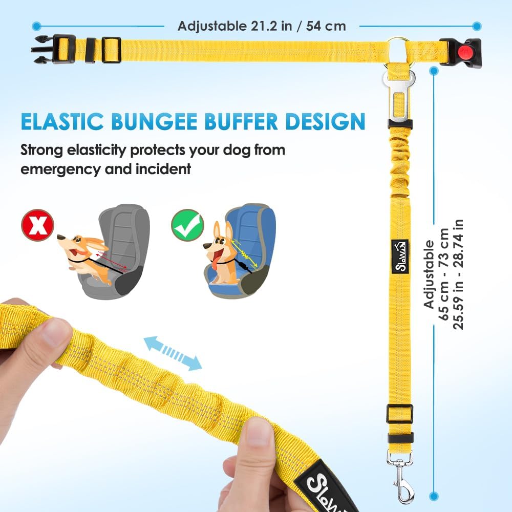 SlowTon Dog Seat Belt for Car, 2 Pack Dog Car Harness Seatbelt Adjustable with Elastic Bungee Buffer, 2 in 1 Pet Car Leash Headrest Restraint Dog Reflective Safety Tether (Yellow, Headrest+Clip)