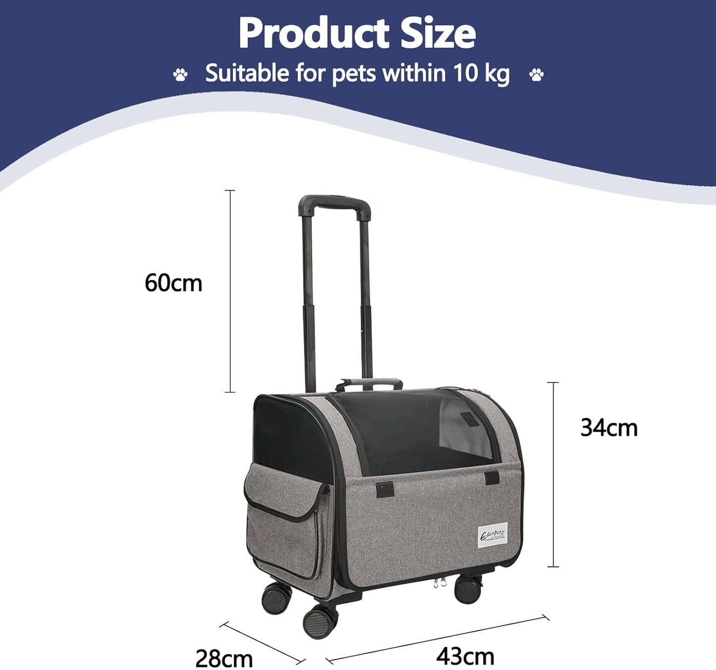 Dog Travel Bag with Removable Rolling Wheels, Airline Approved Pet Carrier, Foldable Cat Bag with Breathable Mesh, Pet Stroller(Grey)