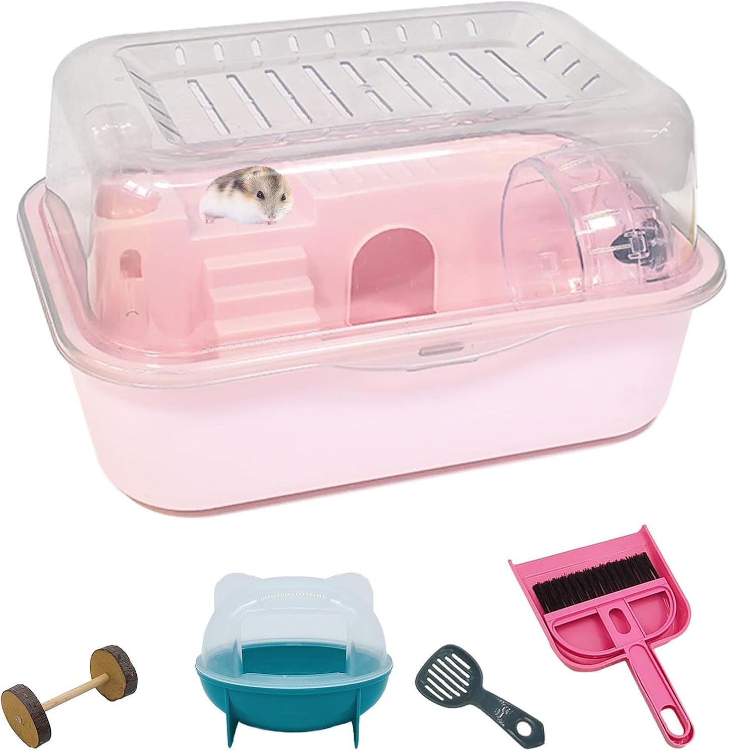 Hamiledyi Small Hamster Cage Clear Plastic Hamster Cage Portable Carrier with Water Bottle Exercise Wheel Bathtub Box Set Toy for Dwarf Baby Hamster (Pink)