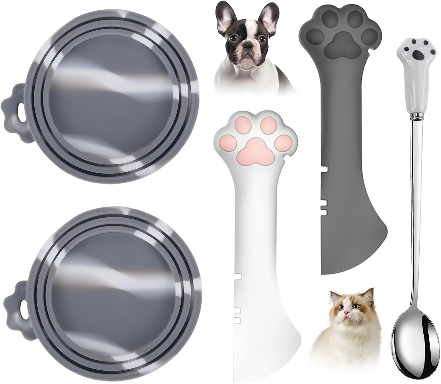 Comtim 5 PCS Pet Food Can Lids & Spoons Set - Silicone Dog Cat Food Can Covers Lids Top/Multi-Function Cat Food Spoon Spatula Can Opener for Wet Food/Long Handle Spoon Easy to Scoop Food