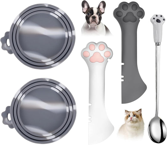 Comtim 5 PCS Pet Food Can Lids & Spoons Set - Silicone Dog Cat Food Can Covers Lids Top/Multi-Function Cat Food Spoon Spatula Can Opener for Wet Food/Long Handle Spoon Easy to Scoop Food