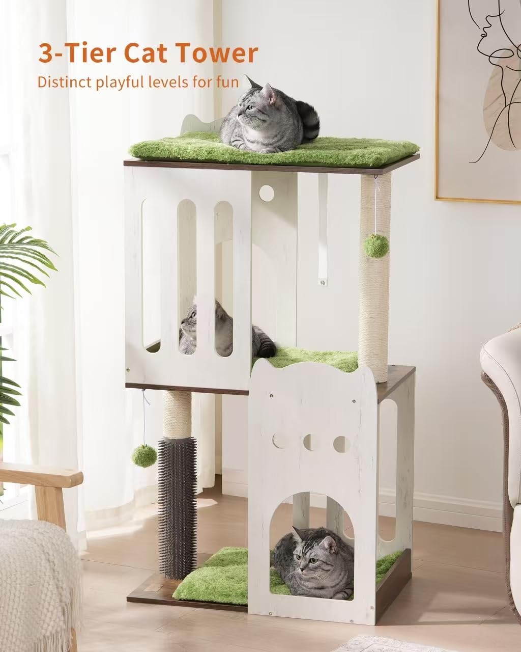 FourFurPets 43.7in 3-Tier Modern Cat Tree Tower Condo, Cat Scratch Posts for Indoor Cats, Big Plate, Two 19.7in Full Sisal Scratching Posts, White