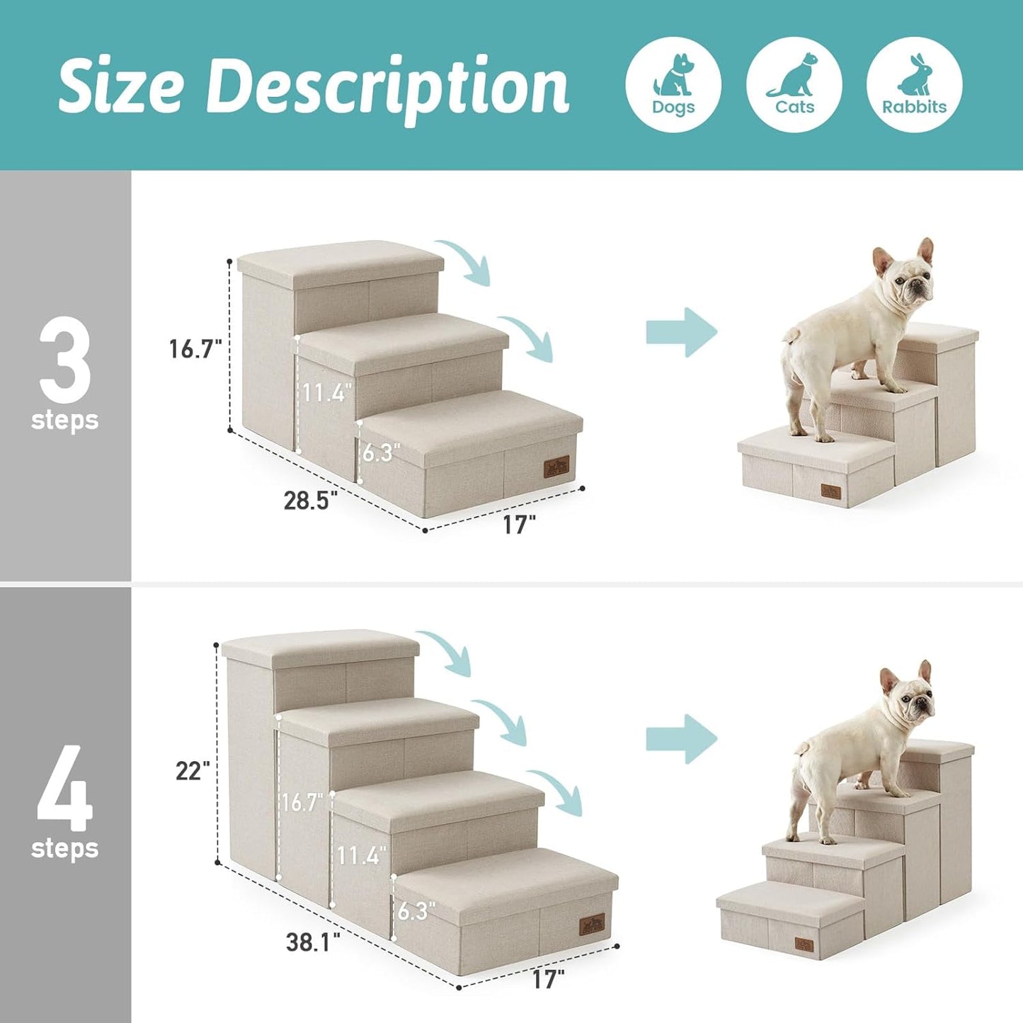 Dog Stairs with Storage, 4-Step Wider Sturdy Dog Steps for Small/Medium/Large Dogs and Older Cats, Folding Doggie Ramp for Bed/Couch/Car Hold Up to 180 lbs (22" H, Beige)