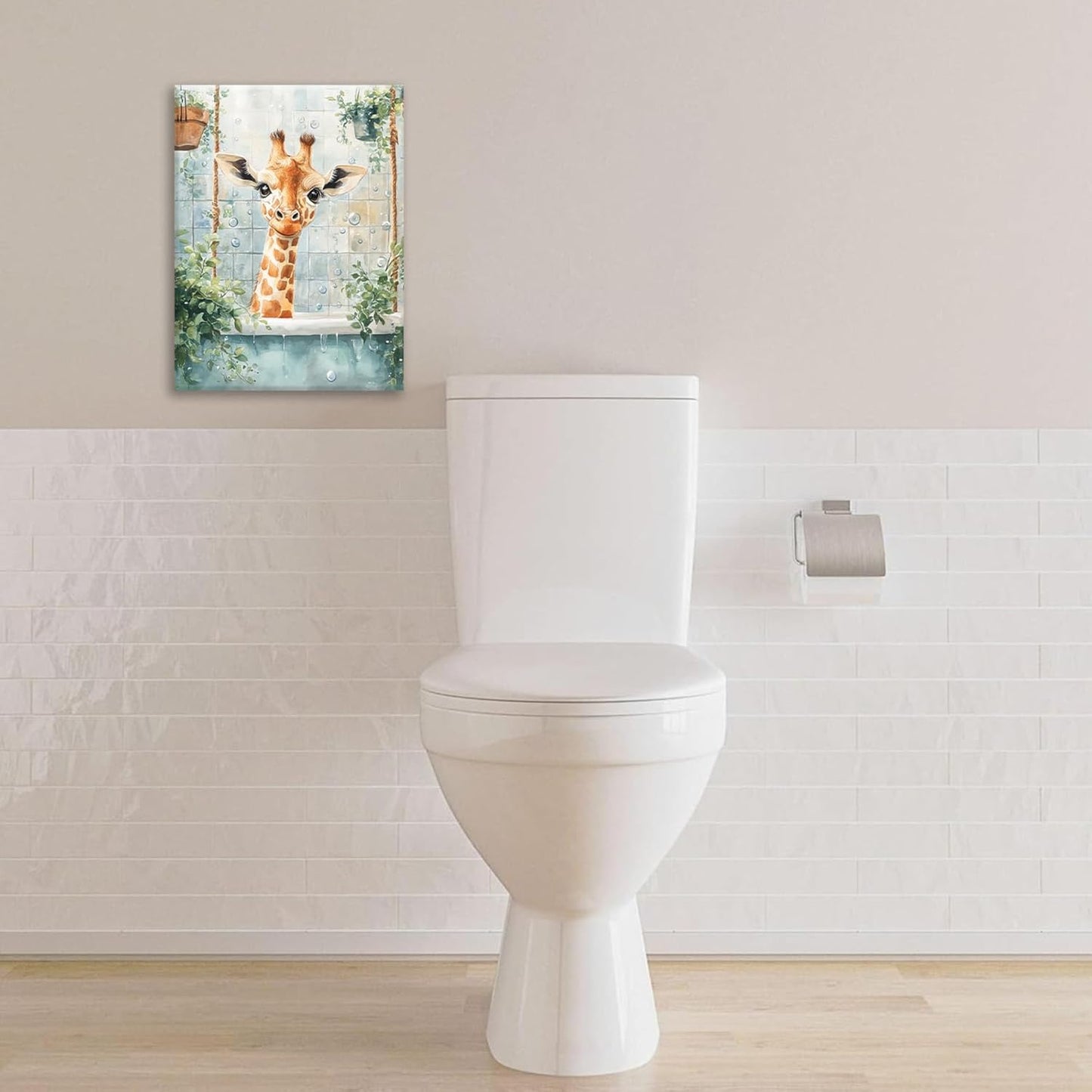 Bathroom Funny Giraffe Pictures Wall Art, Watercolor Giraffe Bathroom Wall Decor, Animal Framed Painting Canvas Artwork for Living Room Decorations 16"L x 12"W