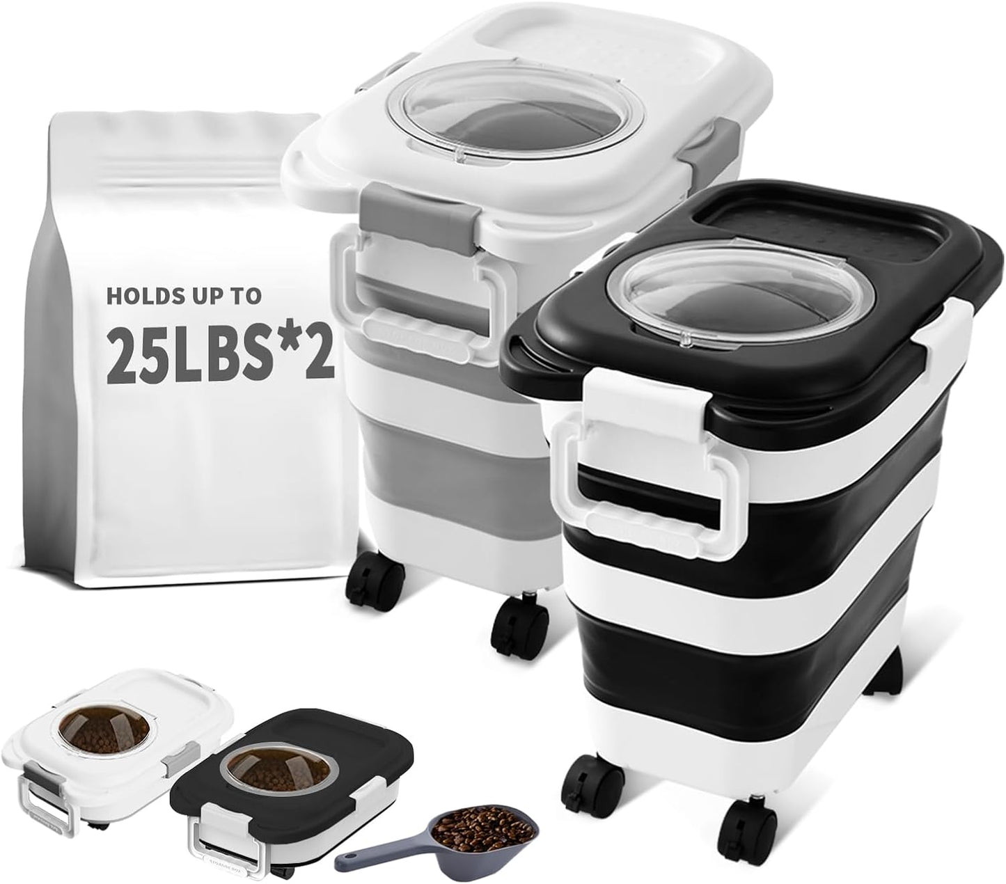 25 Lbs Dog Food Storage Container 2PCS, Collapsible Dog Food Container with Scoop for Pet/Dog/Cat/Bird Food,Keep Dry Food Fresh,Easy to Move(Black & White)