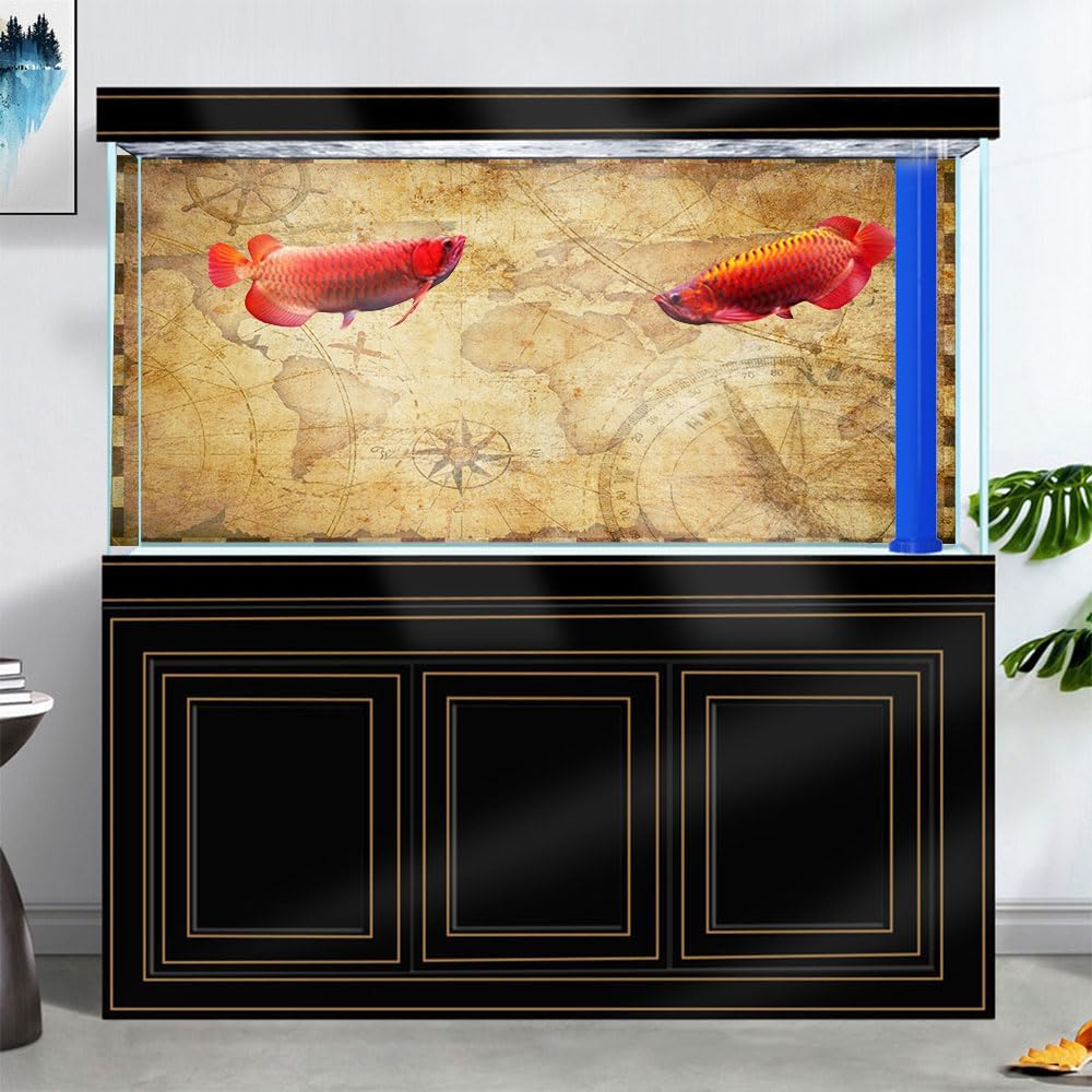 72X24IN Retro Old Travel World Map Terrarium Background, Art Parchment Pirate Treasure Map Reptile Habitat Background with 10EVA Double-Sided Tape