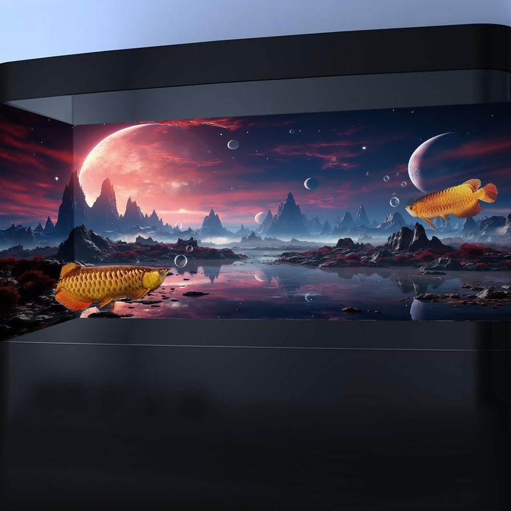 36X20IN Cosmic Spaceterrarium Background, Cool Parallel Space Themed Aquarium Reptile Habitat Background, Red Moon Aquarium Background with 10EVA Double-Sided Tape