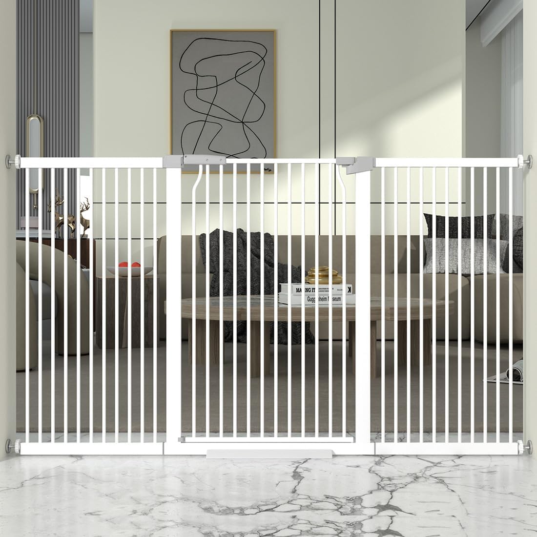 41" Extra Tall and Wide Baby Gate, 68.5-72.2'' Wide Pet Cat Gate for Doorway, Extra Wide Pressure Mounted Child Door with Expansion Kit, Metal Safe Gate, Tall Dog Gate, White