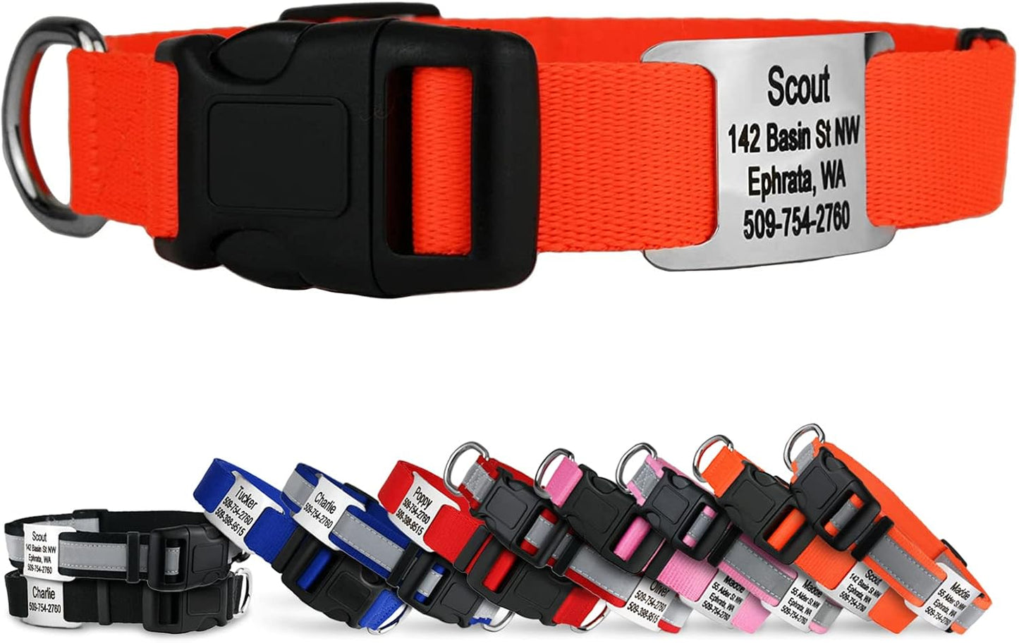 GoTags Personalized Dog Collar with Nameplate, Adjustable Dog Collar with Custom Engraved Slide On Pet ID Tag in Stainless Steel, Silent, No Noise Dog Tag for Large Medium and Small (Orange, Small)