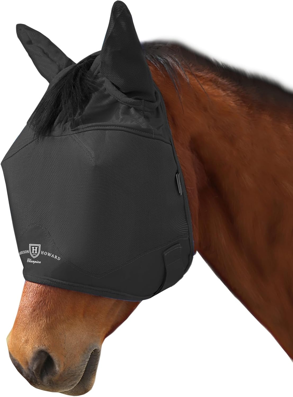 Harrison Howard UV-proof Multi-Function Fabrics Thick Fleece Padding Horse Fly Mask Half Face with Ears Black Horse Large