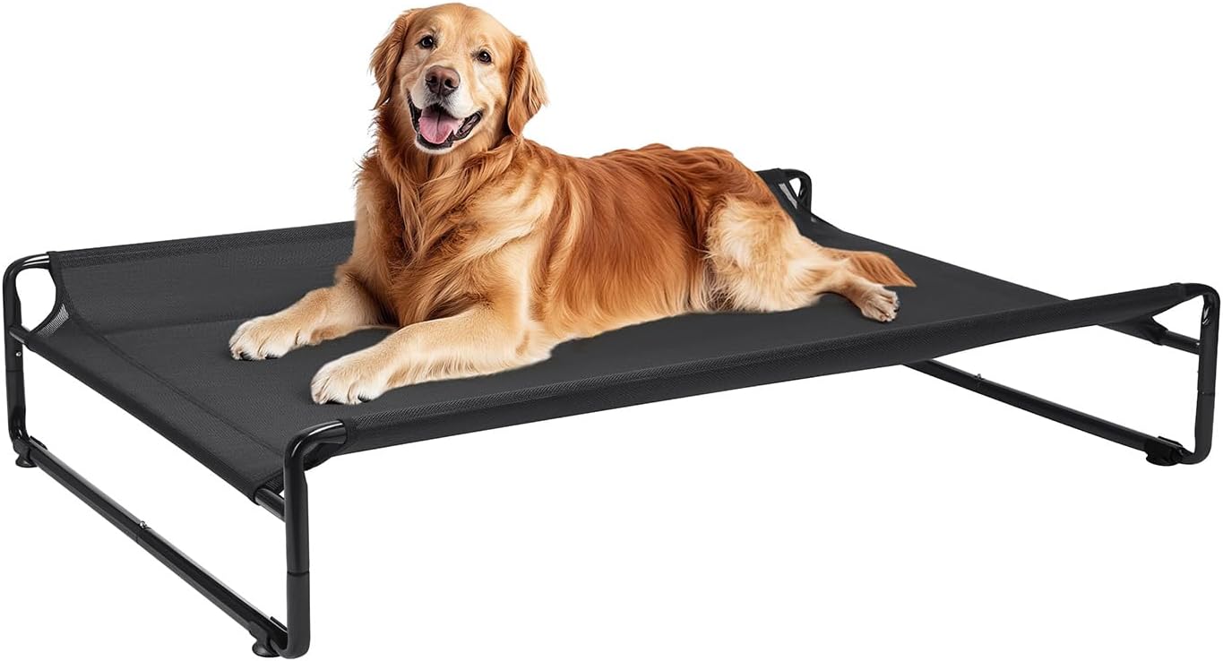 Veehoo Original Outdoor Elevated Dog Bed, Cooling Raised Dog Cot for Large Dogs, Portable Standing Pet Hammock Platform with Washable Breathable Mesh, No-Slip Feet, Large, Black, CWC2201