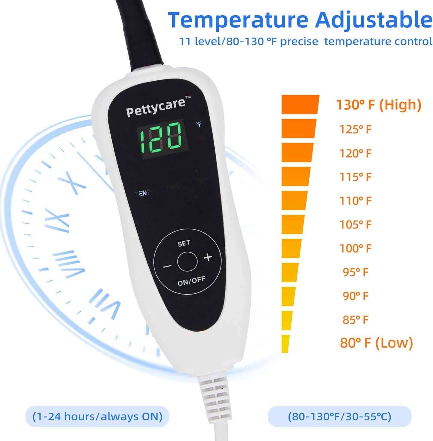 pettycare Pet Heating Pad for Dog Cat, Electric Heating with Steel-Wrapped Cord, 25-Level Timer & 11-Level Temperature Indoor Warming Pads Easy Clean for Puppy Cat Dog S 17.4x14inch