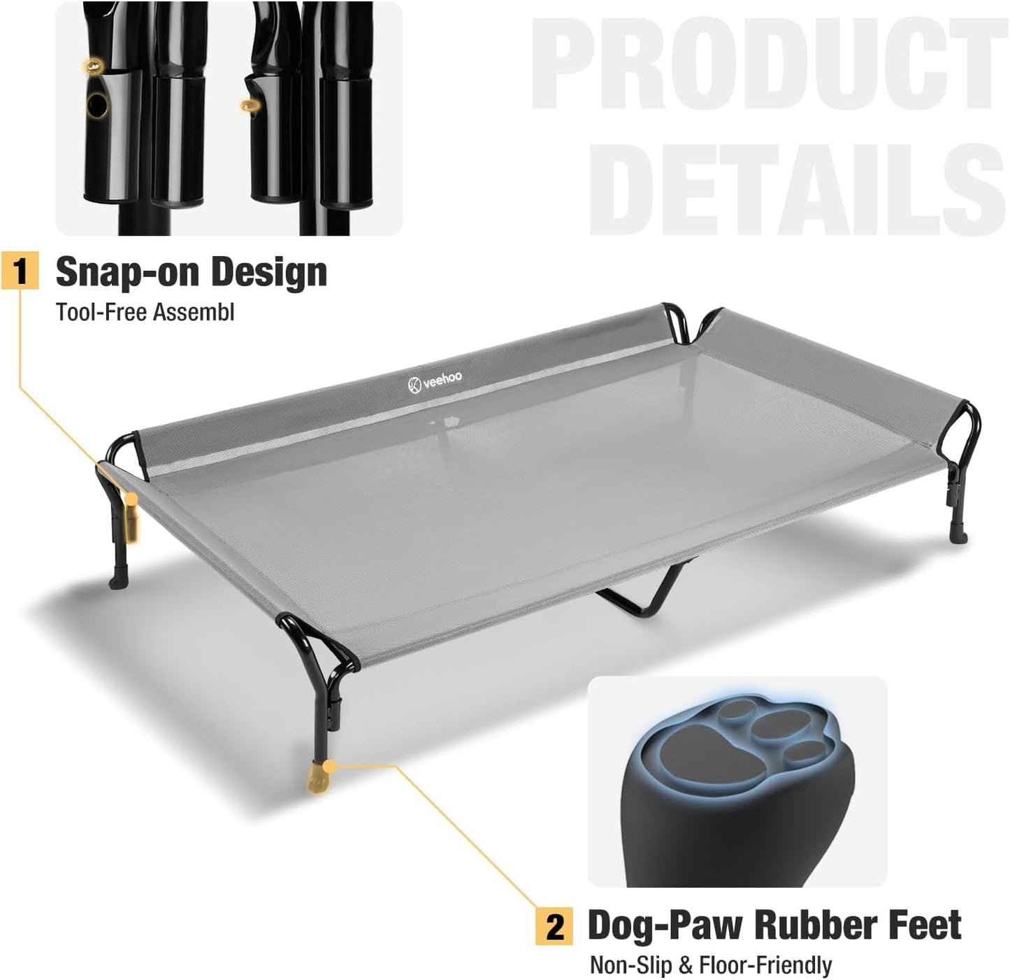 Veehoo Cooling Elevated Dog Bed, Guardrail Raised Pet Cot, Indoor & Outdoor XXL Pet Bed with Washable & Breathable Teslin Mesh, Non-Slip Feet, Dog Couch Bed, 62.5" x 37", Grey