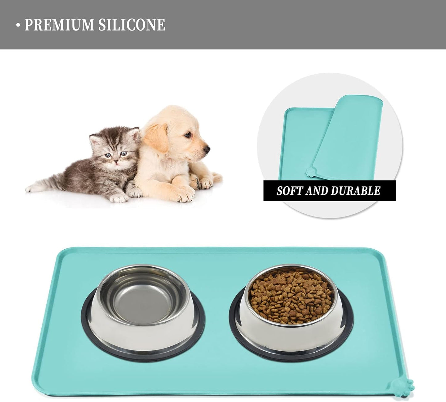 Waterproof Pet Feeding Mat with High Raised Edges, Heavier and Thicker Placemats for Cat Dog Water Bowl with BPA Free, Dogs Cats Food Mats for Messy Drinkers to Prevent Spill and Protect Floors