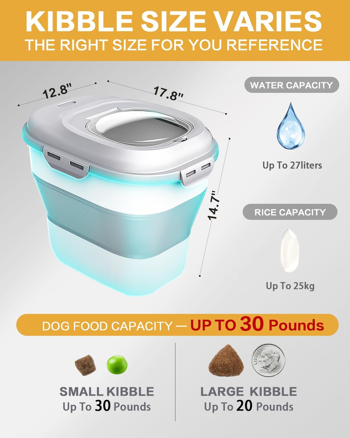 ANVS Dog Food Storage Container-Up to 30Lbs Collapsible Dog Food Container with Airtight Lids, Scoop and 2.5L Small Pet Food Storage Container Dry Food For Dog, Cat and Other Pet Food (Green)