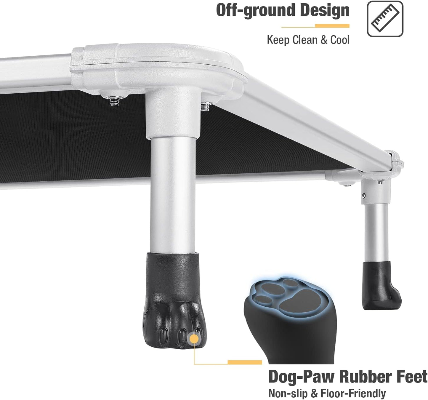 Veehoo Chew Proof Elevated Dog Bed - Cooling Raised Pet Cot - Silver Aluminum Frame and Durable Textilene Mesh Fabric, Unique Designed No-Slip Feet for Indoor or Outdoor Use, Black, 42"x 31"