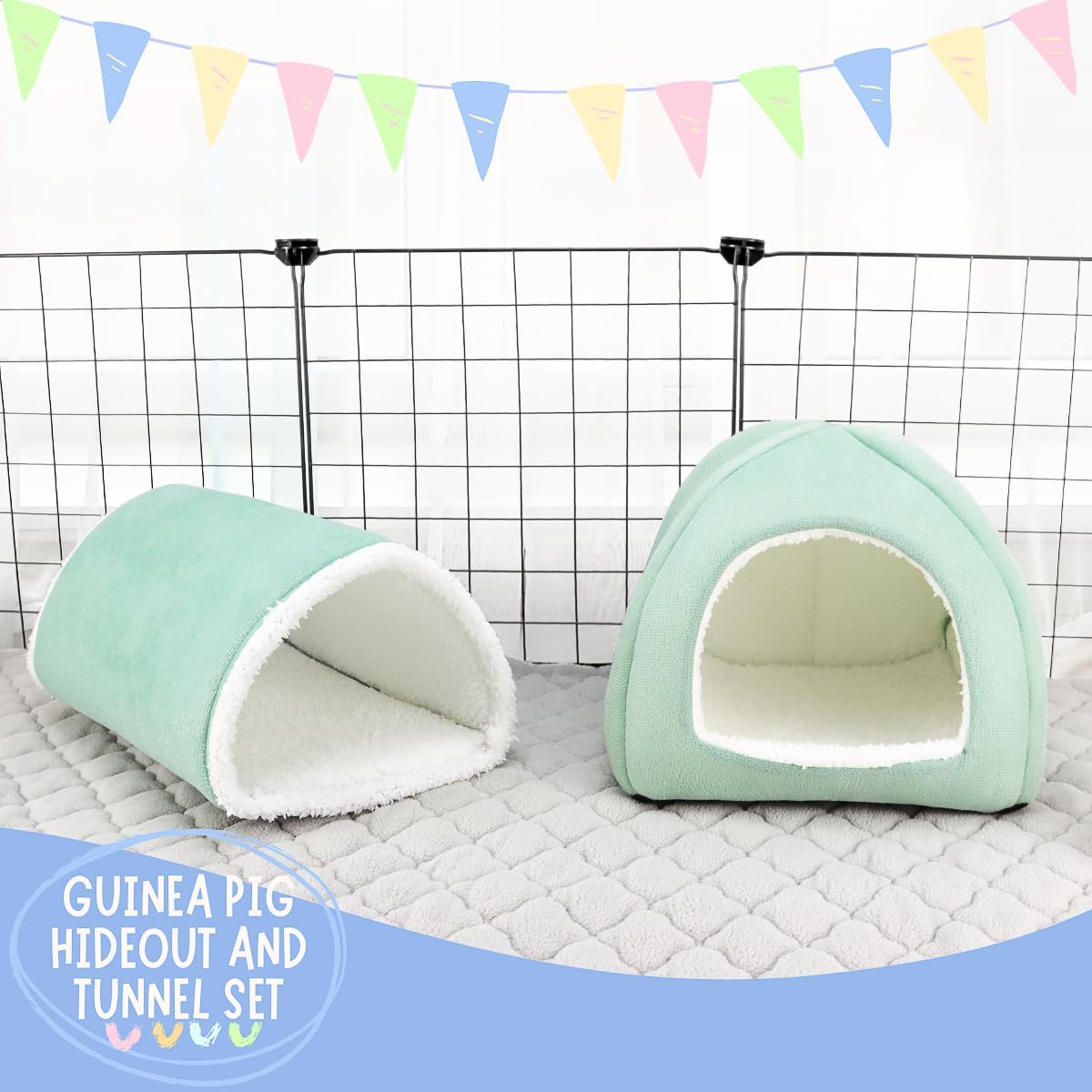 Guinea Pig Hideout and Tunnel Set, Soft Plush Bed & Play Tunnel for Guinea Pigs, Rabbits, Ferrets, Small Animals - Washable Accessories for Resting, Hiding, Exercising