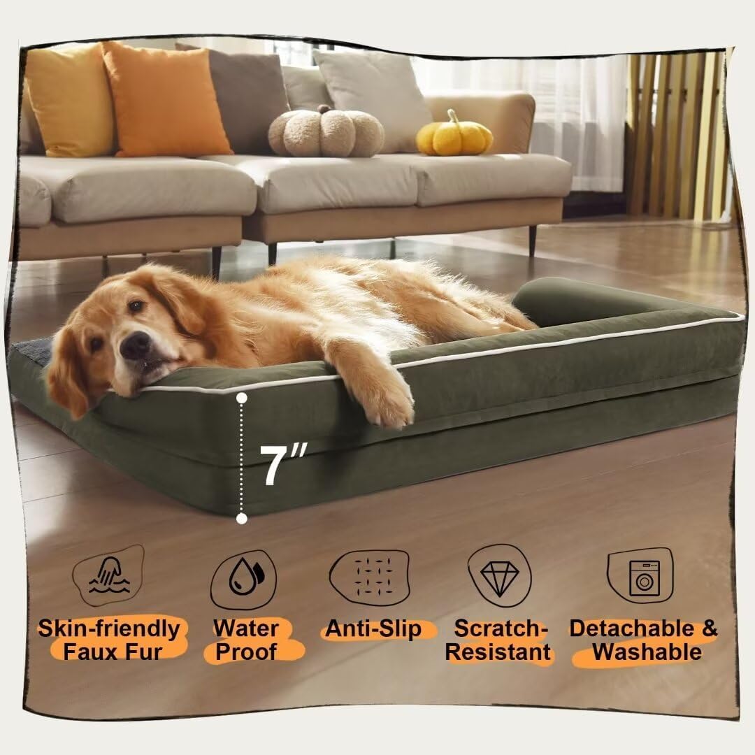 Extra Large Dog Bed-Orthopedic Waterproof XL Dog Bed for XLarge Extra Big Dogs - Foam Couch Sofa Washable with Removable Cover-Dark Green