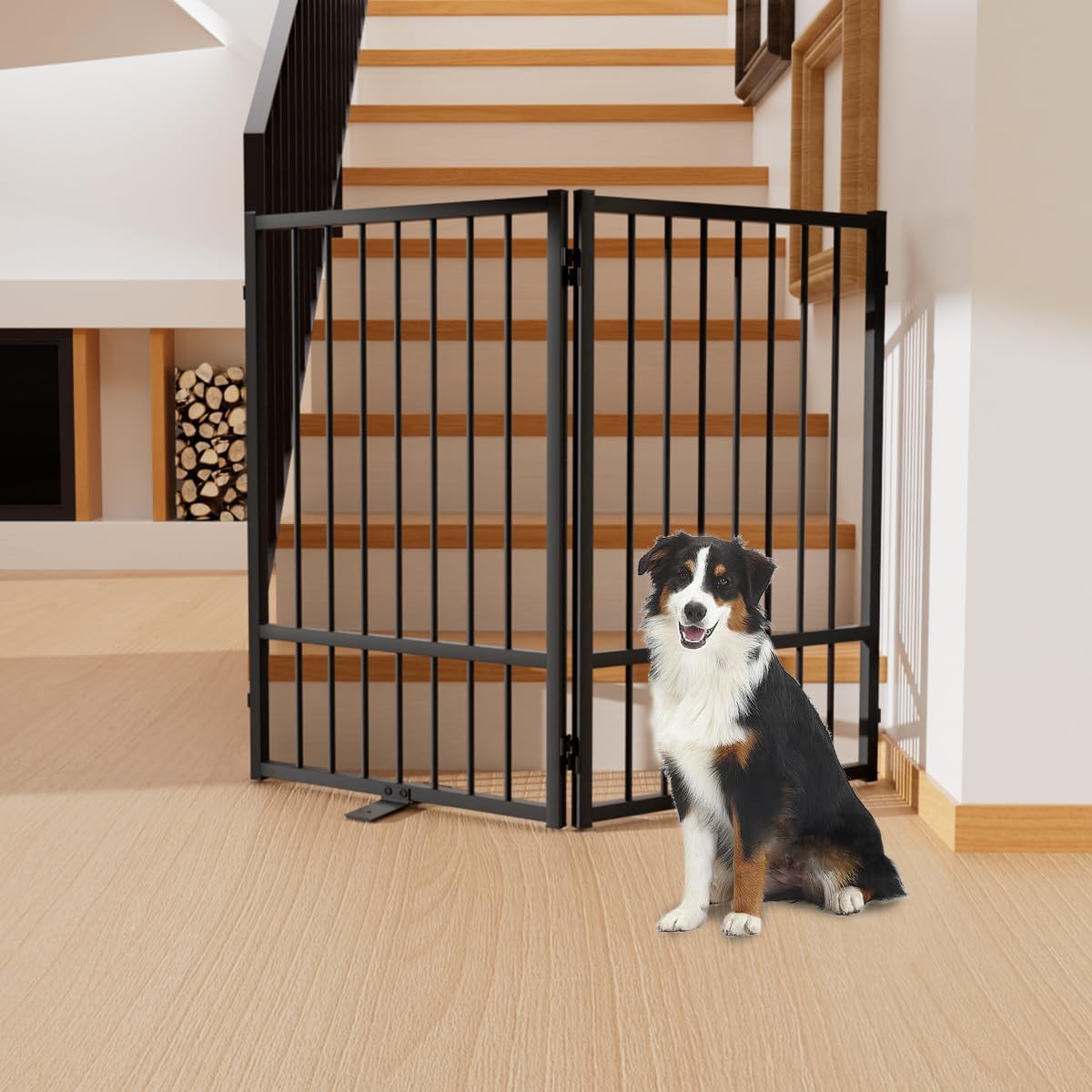 Full Metal Freestanding Dog Gate with Door, 32''Height Foldable Pet Dog Fence for Indoor & Outdoor, 2 Panels Extra Wide Free Standing TallDog Gates for Doorways,House,Stairs,Porch,Deck,Yard