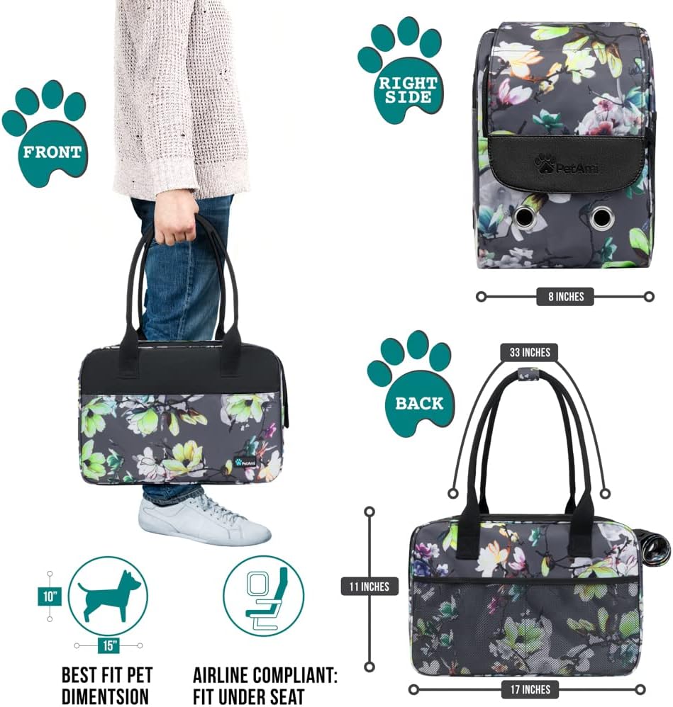 PetAmi Dog Purse Carrier for Small Dogs, Airline Approved Soft Sided Pet Carrier with Pockets, Ventilated Dog Carrying Bag for Puppy Cat, Dog Travel Supplies Bag, Sherpa Bed, Max 12 lbs, Floral Gray