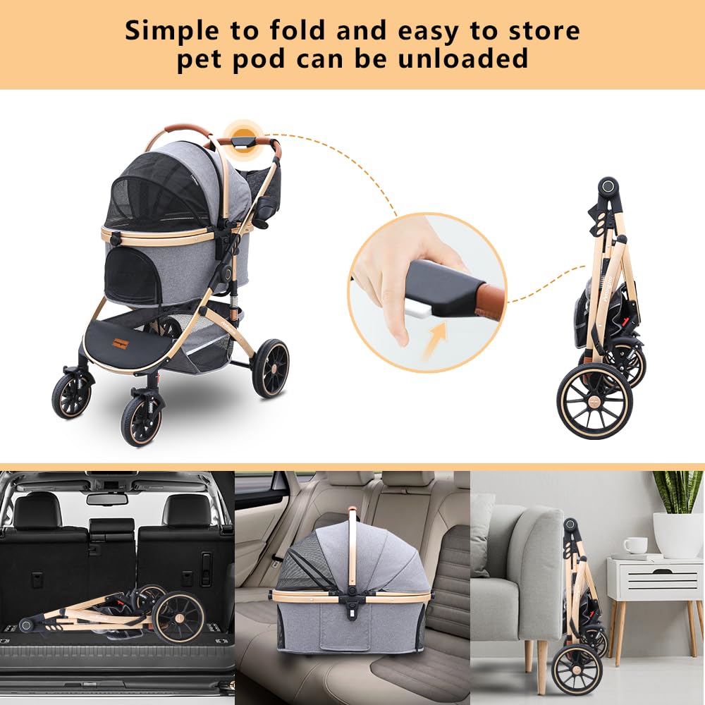 Pettingzoo Dog stroller with 4 Wheels, Folding Cat Stroller for Small/Medium/Large dogs & cats to 60 lbs, pet stroller with removable carrier, Storage BasketCup Holder,3 in1 Multifunctional Detachable