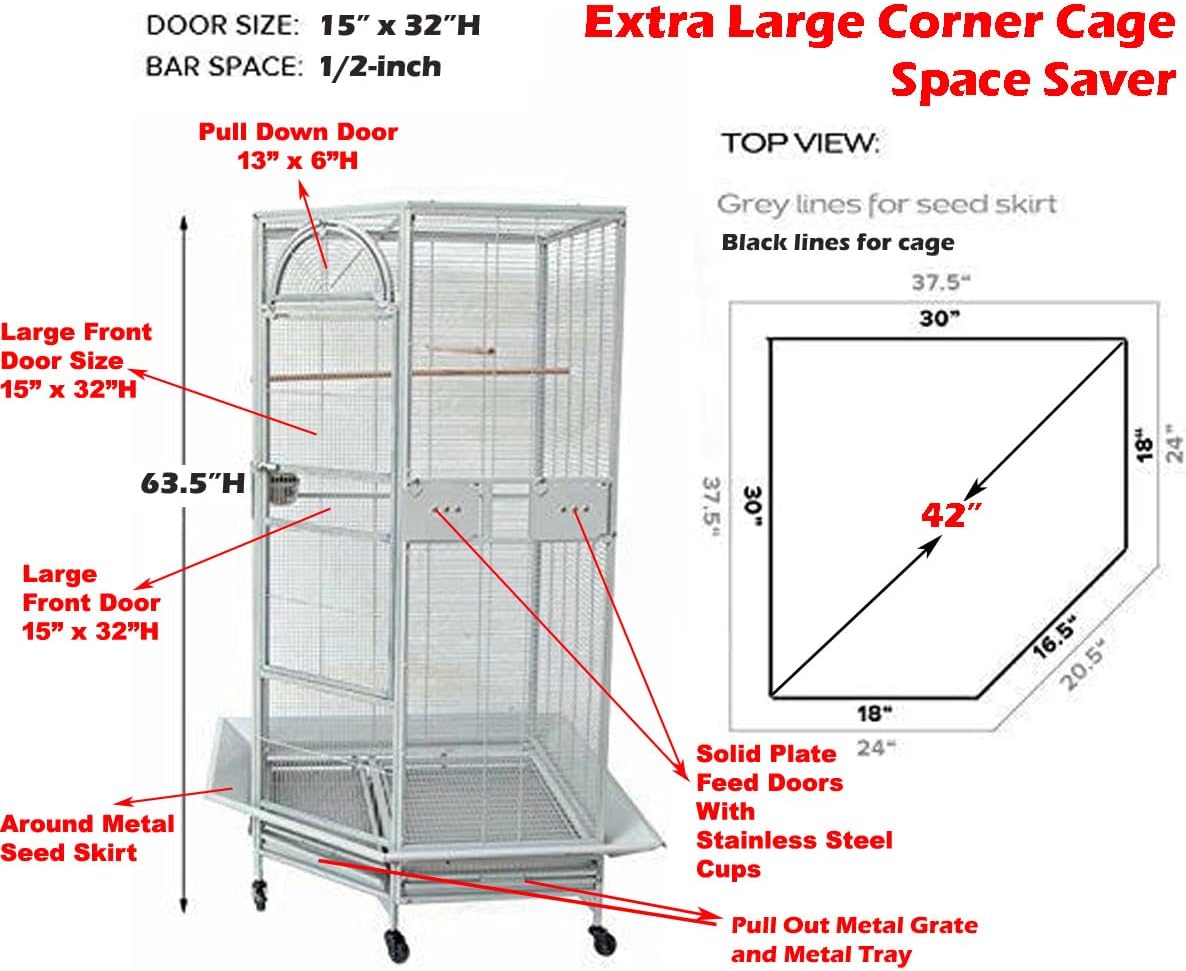 X-Large Corner Parrot Bird Flight Breeding Wrought Iron Rolling Home Cage Solid Plated Feeder Doors with Around Metal Seed Guard